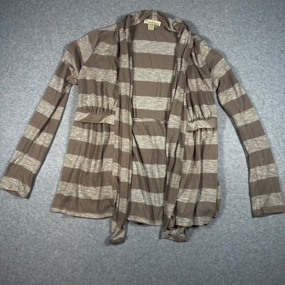 Twentyone Womens Y2K Striped Open Front Cardigan Brown Tan Cinched Waist Medium